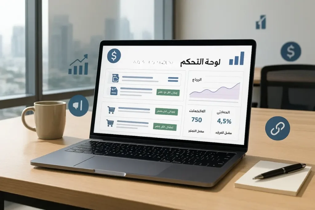 واجهة إدارة حملات التسويق بالعمولة باللغة العربية تعرض روابط المنتجات وتحليلات الأداء