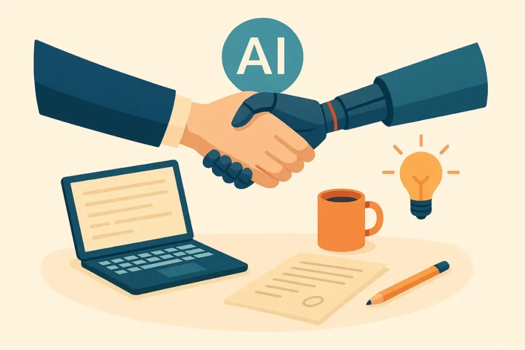 صورة توضح التعاون بين الإنسان والذكاء الاصطناعي في بيئة العمل، مع عناصر مثل اللابتوب والمصباح للدلالة على الإبداع والإنتاجية.
