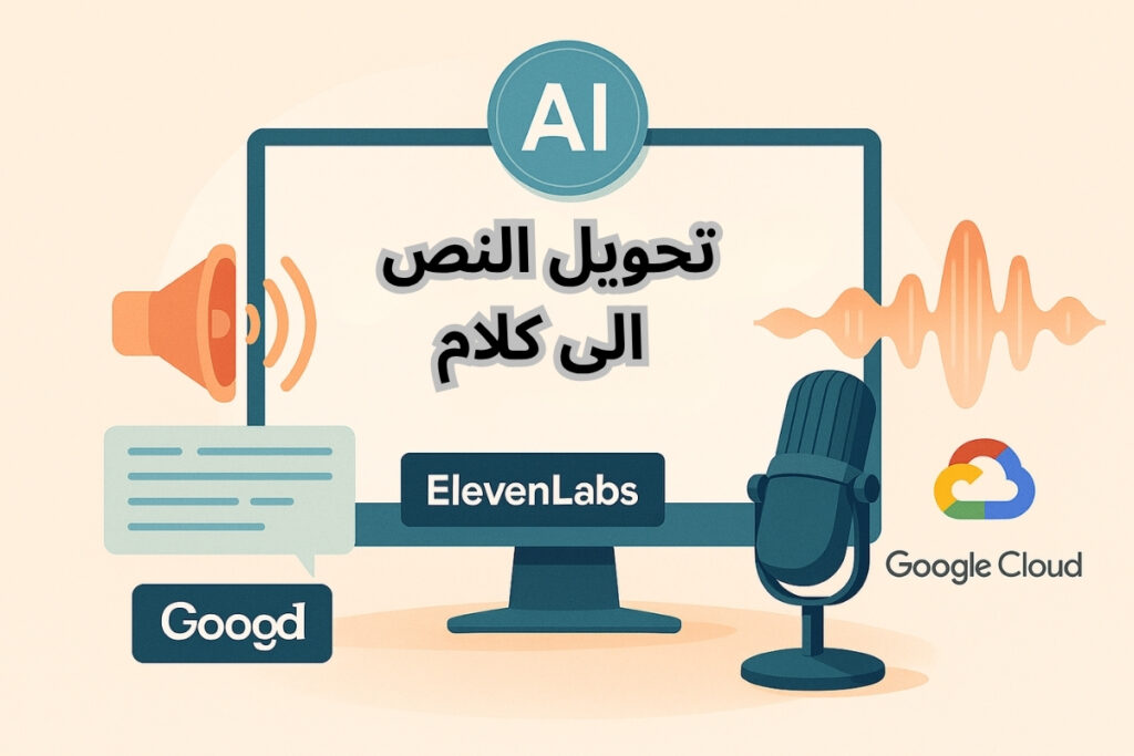 صورة توضح أدوات تحويل النص إلى كلام بالذكاء الاصطناعي مثل ElevenLabs وGoogle Cloud، مع عناصر صوتية وواجهة حديثة.