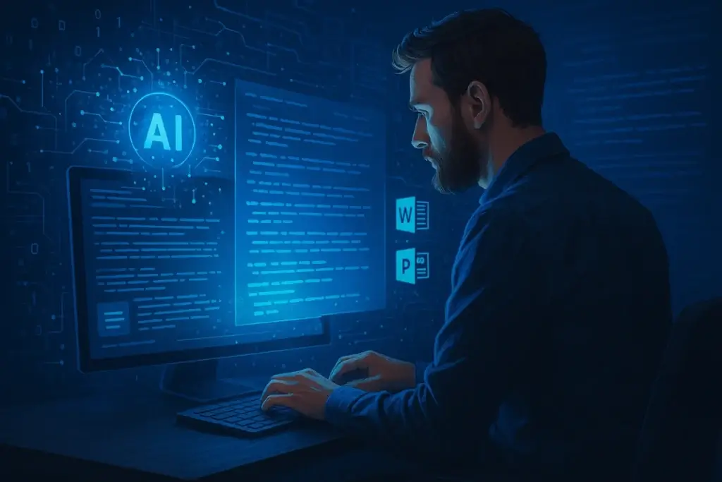 كاتب يعمل على شاشة رقمية تعرض رموز الذكاء الاصطناعي وتطبيقات Microsoft 365 مثل Word وPowerPoint، يوضح مفهوم أدوات الكتابة بالذكاء الاصطناعي مثل Copilot وChatGPT.