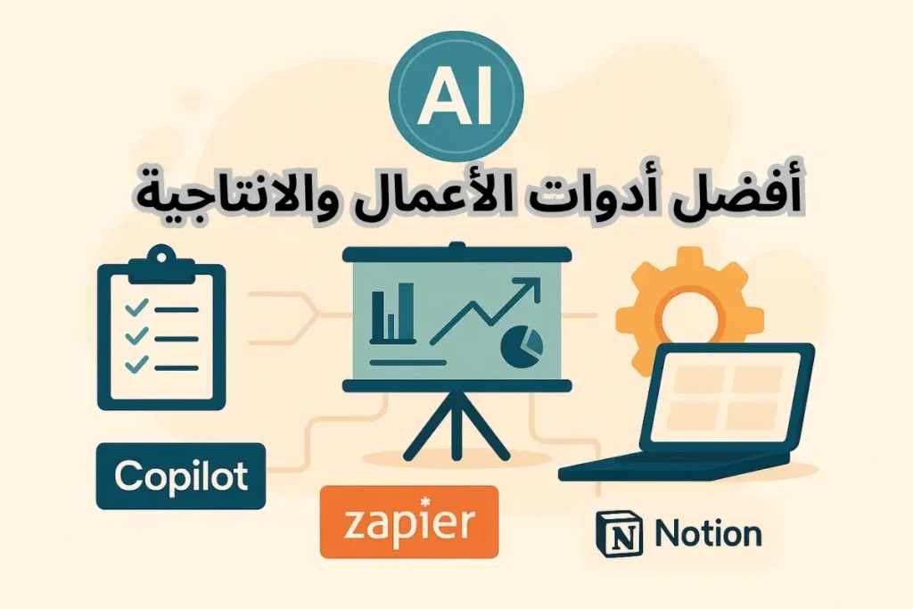 صورة توضح أدوات الأعمال والإنتاجية بالذكاء الاصطناعي مثل Copilot وZapier وNotion، مع عناصر إدارة المهام وتحليل البيانات.