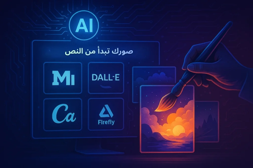 تصميم فني يوضح مفهوم توليد الصور بالذكاء الاصطناعي مع لوحات تتكوّن رقمياً، مناسب لقسم أفضل أدوات Midjourney وDALL·E وCanva وAdobe Firefly.