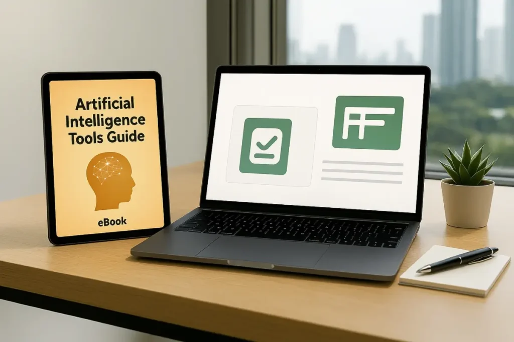 غلاف كتاب إلكتروني عن أدوات الذكاء الاصطناعي بجانب لابتوب يعرض قوالب تنظيم المشاريع