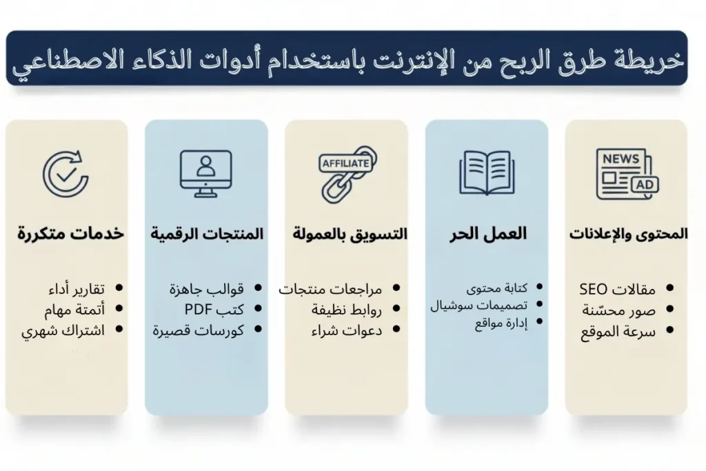 خريطة طرق الربح من الإنترنت باستخدام أدوات الذكاء الاصطناعي (إنفوجرافيك)