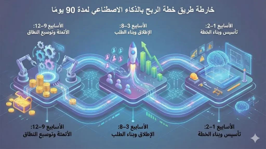 رسم توضيحي شامل يلخص خارطة طريق تطبيق استراتيجيات الربح من الذكاء الاصطناعي في 90 يوم من البداية وحتى تحقيق الدخل