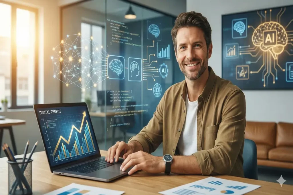 صورة تحفيزية لشخص يحقق أرباحًا عبر الإنترنت باستخدام تقنيات الذكاء الاصطناعي