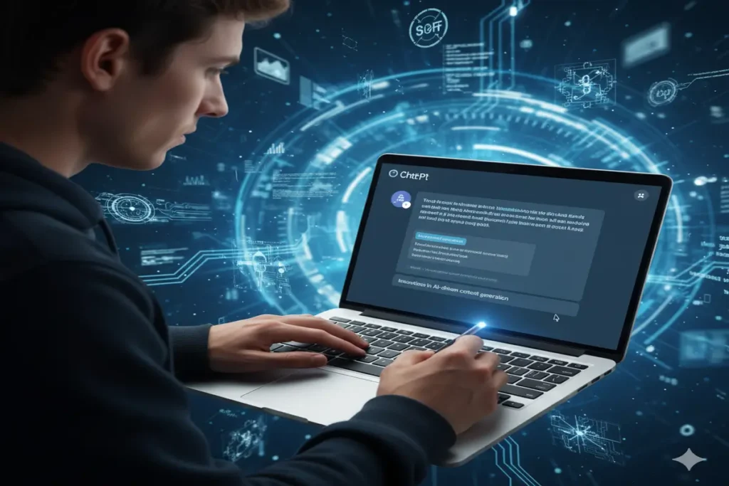 شخص يستخدم أدوات الذكاء الاصطناعي لإنشاء محتوى احترافي بسرعة