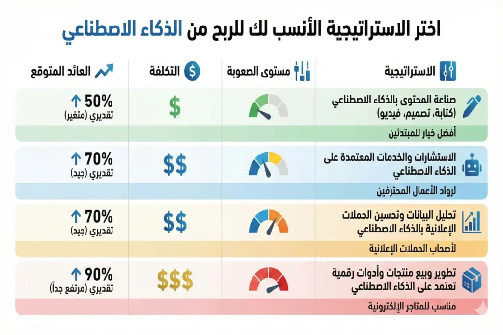 جدول يوضح مقارنة بين استراتيجيات الربح الاساسية من الذكاء الاصطناعي مع أيقونات توضيحية