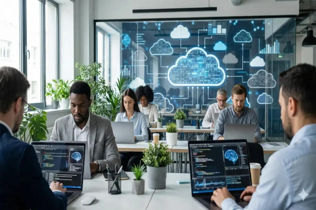 مشهد يوضح التحول الرقمي ودور تقنياته في تطوير الأعمال