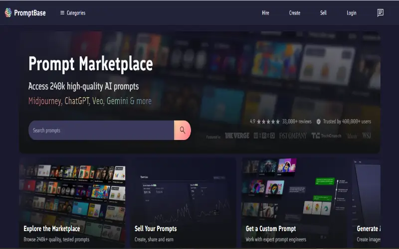 الصفحة الرئيسية لموقع PromptBase أشهر سوق لبيع أوامر الذكاء الاصطناعي.