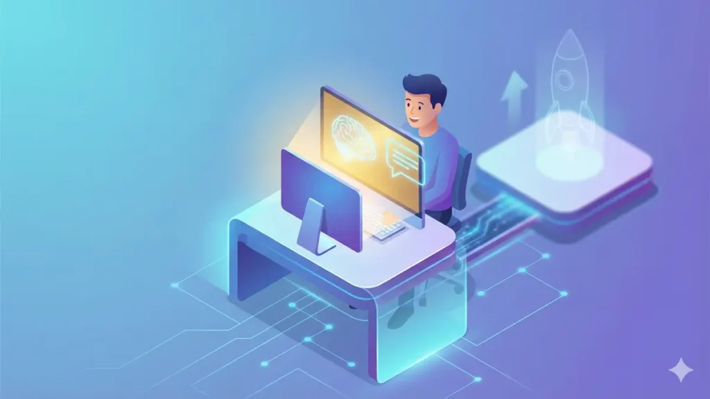 شخص يستعد لبدء العمل ويستعرض خطوات نجاح استراتيجيات الربح من الذكاء الاصطناعي في 90 يوم على شاشة الحاسوب