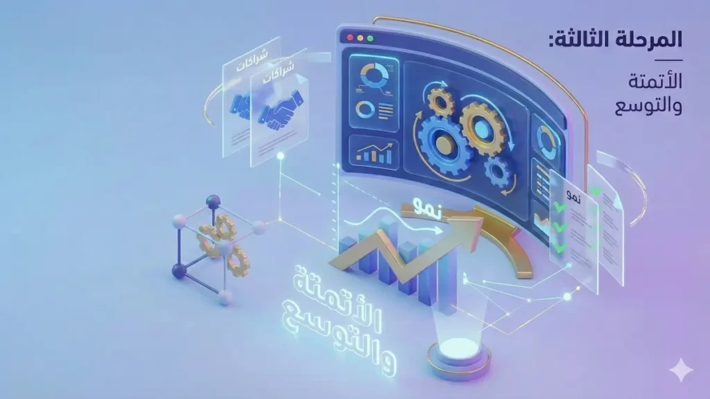 المرحلة الثالثة والنهائية التي توضح كيفية تسويق الخدمات ومضاعفة العائد لإنجاح استراتيجيات الربح من الذكاء الاصطناعي في 90 يوم