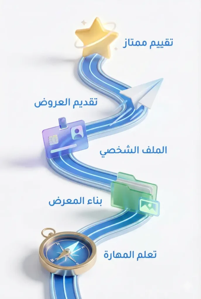 خارطة طريق تبدأ بالتعلم، بناء المعرض، الملف الشخصي، العروض، وتنتهي بتقييم 5 نجوم.