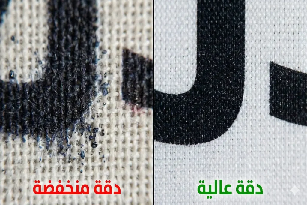 مقارنة مجهرية لجودة الطباعة مع تسميات توضيحية باللغة العربية (دقة عالية vs دقة منخفضة).