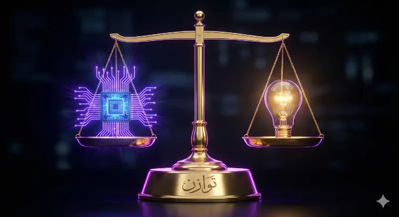 ميزان يوضح التساوي الضروري بين الإبداع البشري وسرعة الذكاء الاصطناعي.