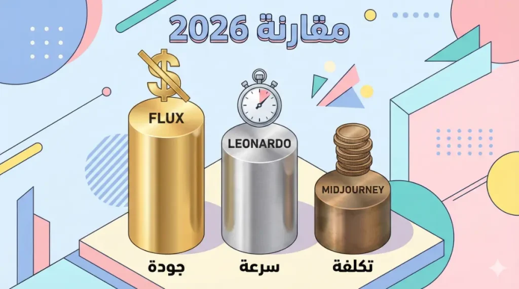 رسم بياني ثلاثي الأبعاد يوضح لماذا Flux هو أفضل بديل Midjourney مجاني من حيث التكلفة والجودة.