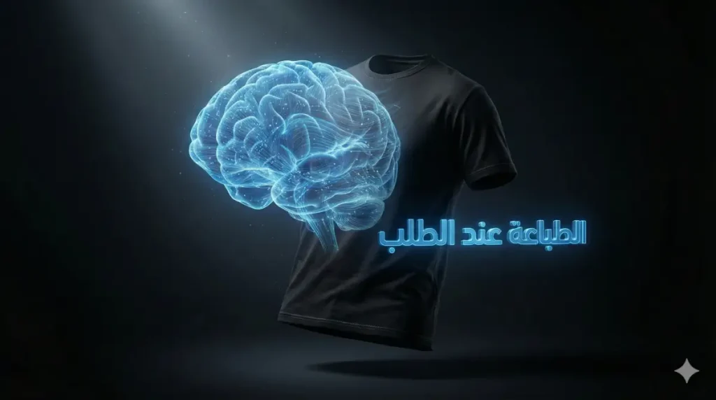 تصميم ثلاثي الأبعاد يدمج الذكاء الاصطناعي مع تيشيرت حقيقي، مع نص عربي "الطباعة عند الطلب".