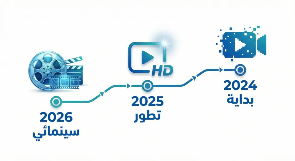 إنفوجرافيك يوضح تطور جودة فيديو الذكاء الاصطناعي من 2024 إلى 2026