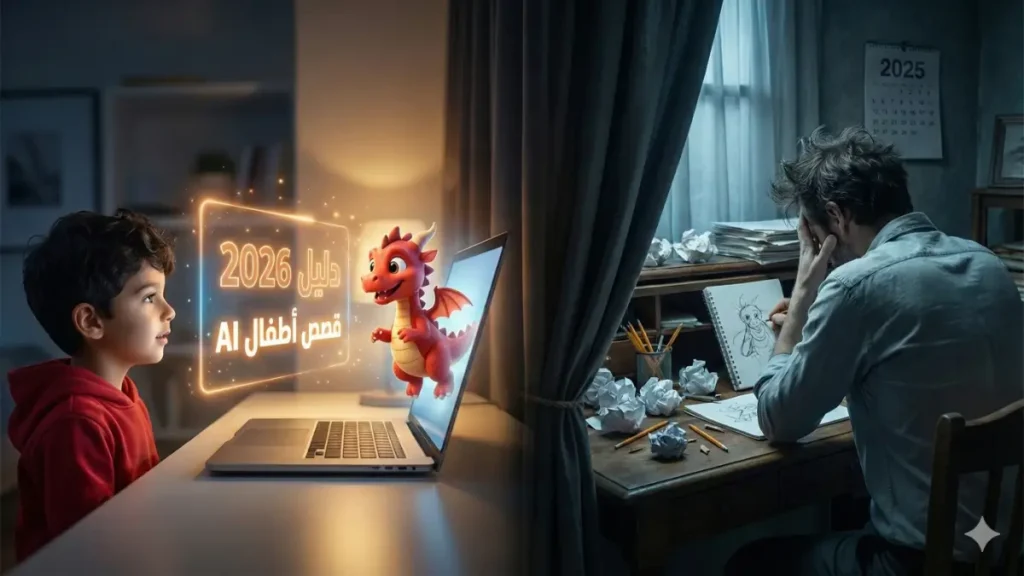 مقارنة بين الرسم اليدوي وتوليد قصص الأطفال بالذكاء الاصطناعي مع نص "دليل 2026" للربح من أمازون كيندل.