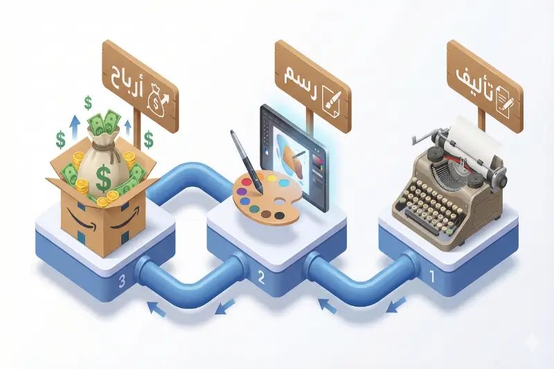 انفوجرافيك يوضح خطوات العمل: تأليف، رسم، ثم أرباح من أمازون كيندل.