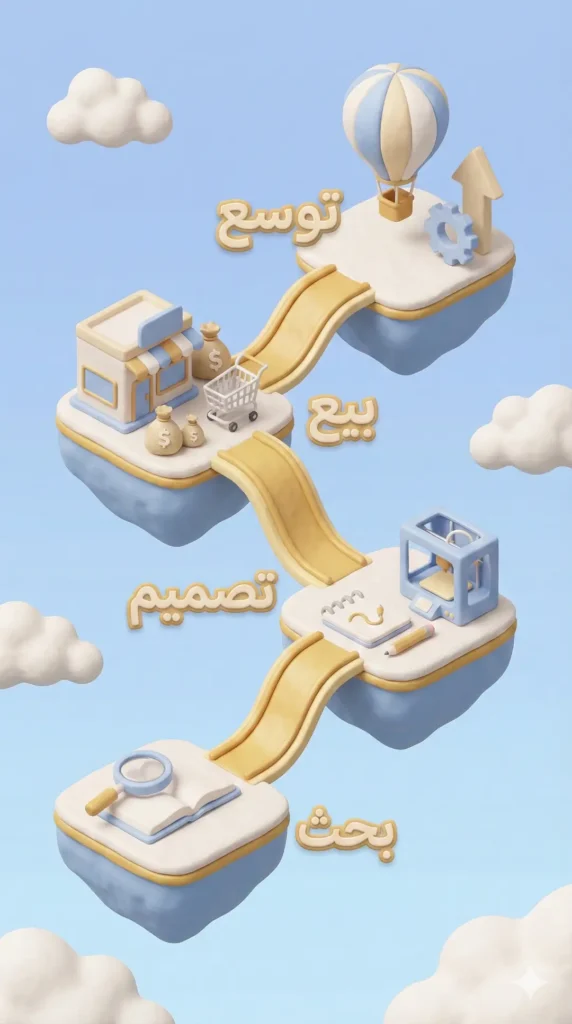 مخطط ثلاثي الأبعاد يوضح مراحل العمل الأربعة (بحث، تصميم، بيع، توسع).