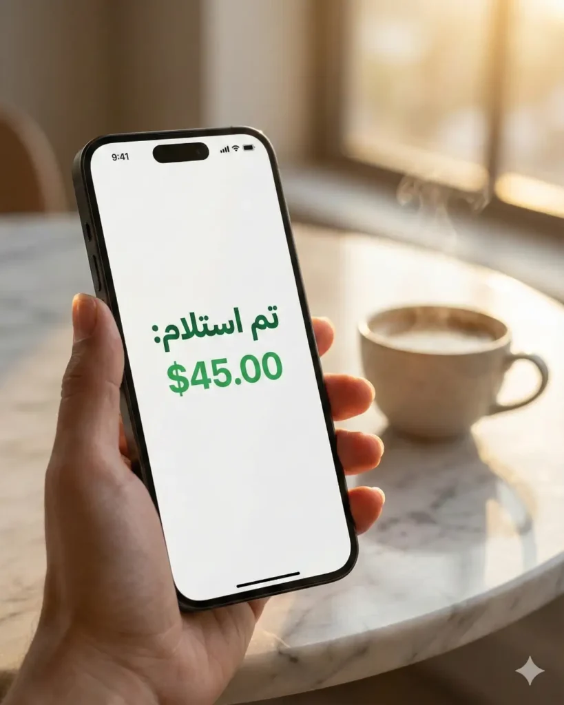 هاتف آيفون يعرض إشعاراً باللغة العربية "تم استلام 45 دولار" في بيئة عمل مريحة.
