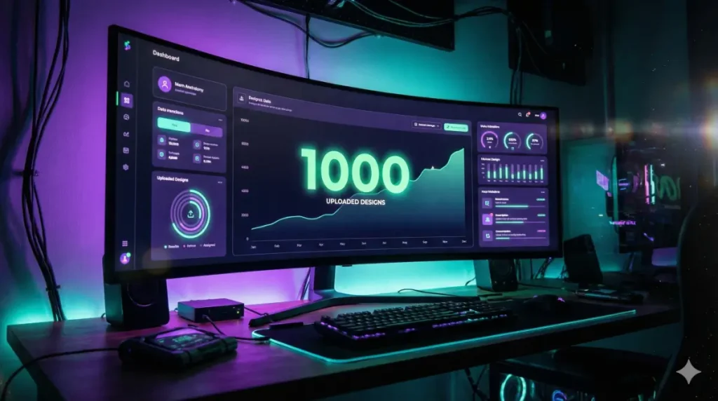 شاشة حاسوب تعرض لوحة تحكم برمجية تشير إلى رفع 1000 تصميم بنجاح.