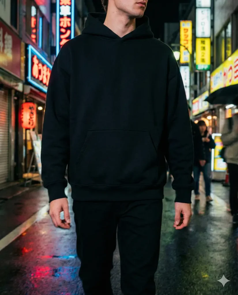 موك-أب هودي أسود فارغ عالي الجودة على موديل في الشارع ليلاً.