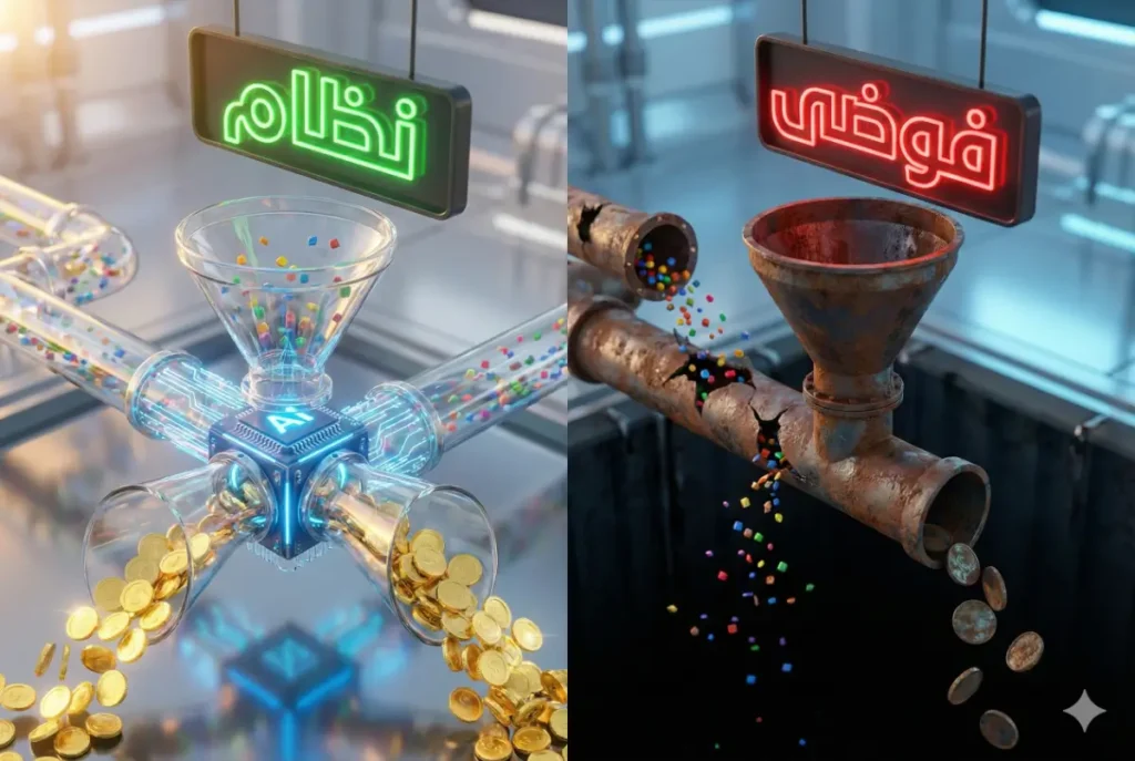 إنفوجرافيك يوضح الفرق بين قمع مبيعات مكسور (فوضى) وقمع آلي ناجح (نظام).