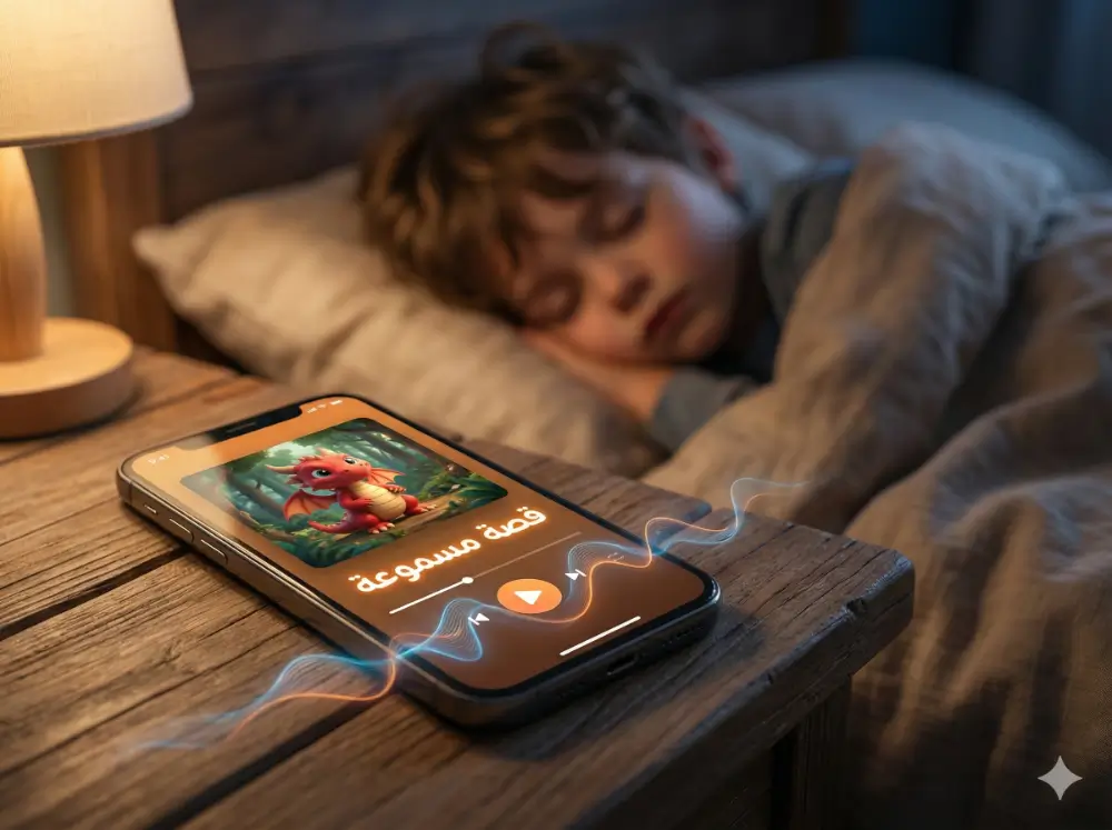 تطبيق كتب صوتية يعرض قصة للأطفال على هاتف ذكي في جو ليلي هادئ.