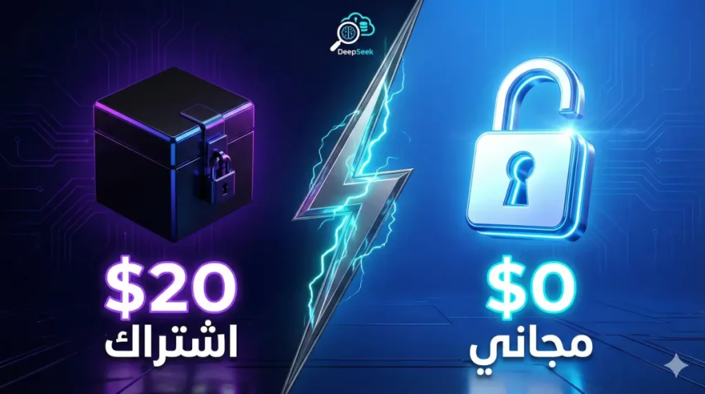 جدول مقارنة شامل بين DeepSeek R1 و ChatGPT Plus من حيث التكلفة والمصدر المفتوح.