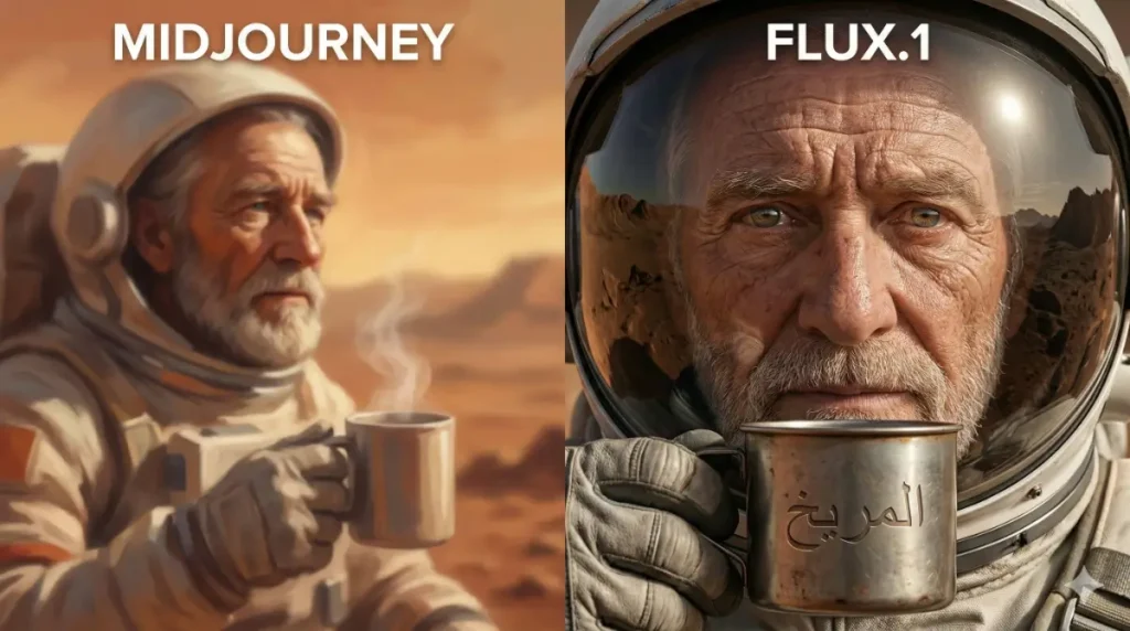 مقارنة شاشة مقسومة تظهر نفس الصورة المولدة بواسطة Flux 1.0 و Midjourney v6.