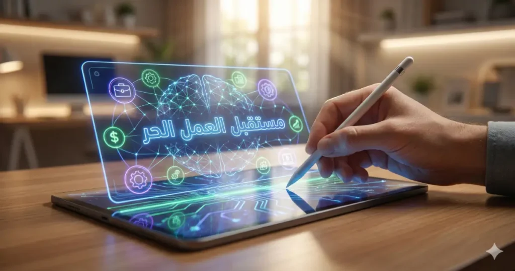 يد مستقل تدمج بين العمل التقليدي وأدوات الذكاء الاصطناعي مع نص مستقبل العمل الحر.