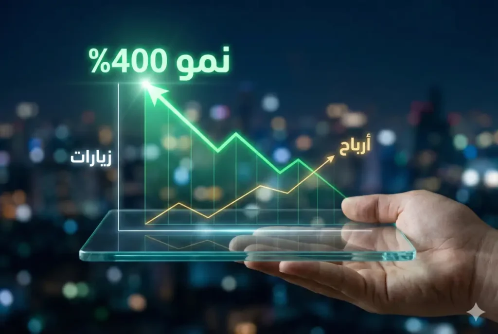 مؤشر نمو زوار الموقع بنسبة 400% مع بيانات الزيارات والأرباح.