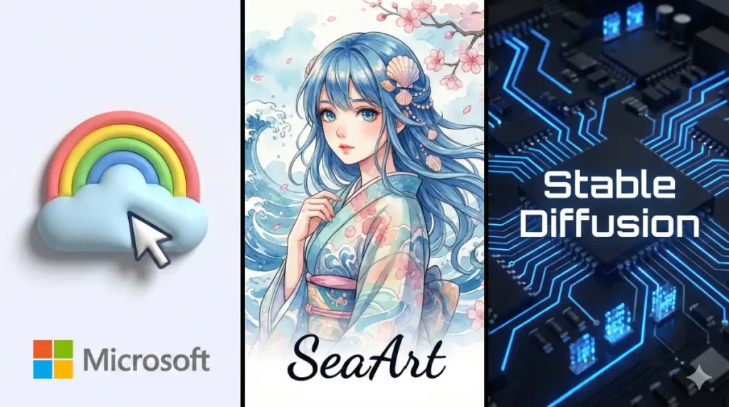 تجميعة فنية تظهر شعارات ونتائج Microsoft Designer و SeaArt و Stable Diffusion.