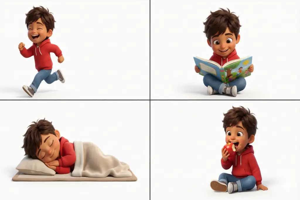 نموذج تطبيقي لثبات ملامح شخصية طفل عربي في 4 وضعيات مختلفة باستخدام الذكاء الاصطناعي.