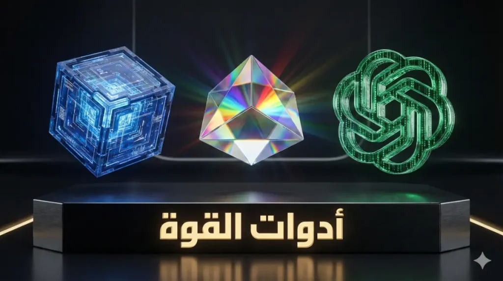 عرض ثلاثي الأبعاد لأدوات الذكاء الاصطناعي (ChatGPT, Midjourney) كبلورات مضيئة مع نص "أدوات القوة".