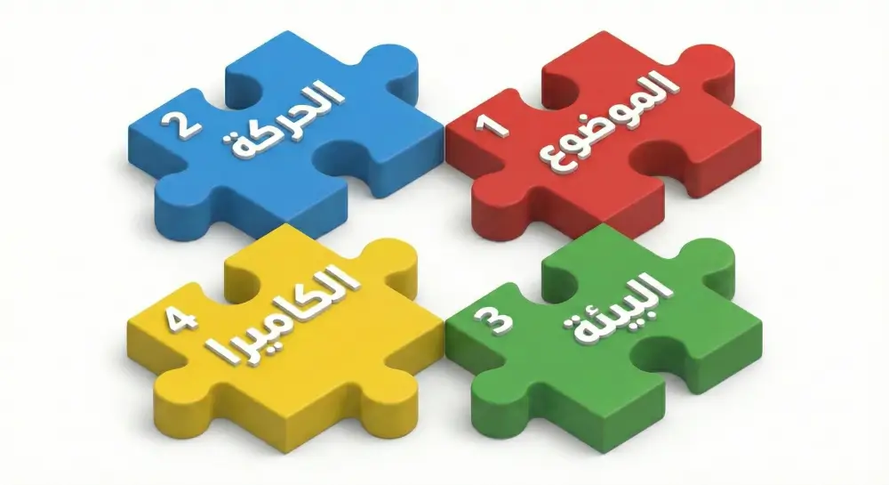 رسم توضيحي لقطع بازل تمثل مكونات الأمر النصي للفيديو: الموضوع، الحركة، البيئة، الكاميرا