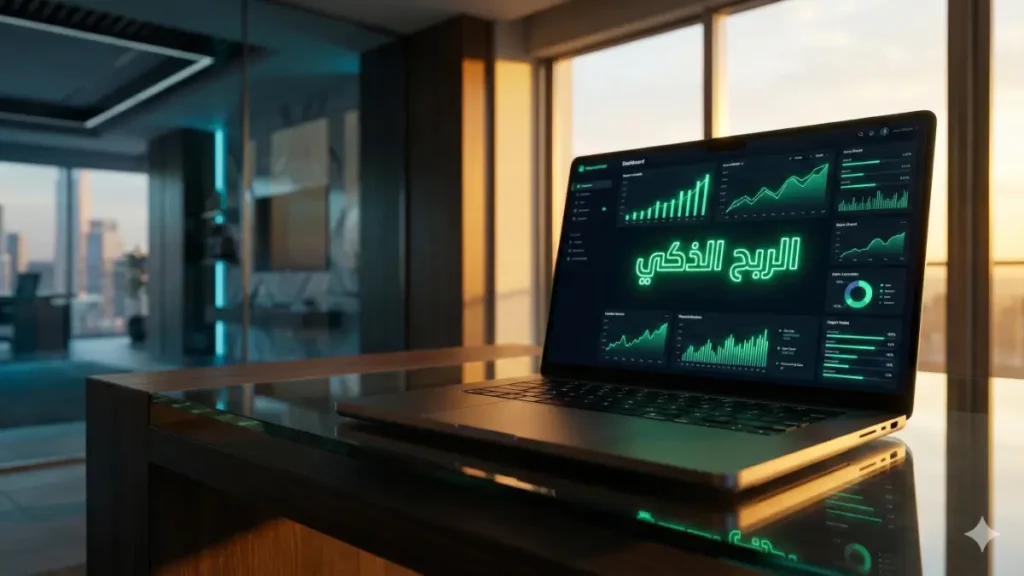 لابتوب يعرض لوحة تحكم أرباح مكتوب عليها "الربح الذكي" بالعربية مع خلفية مكتب حديث.
