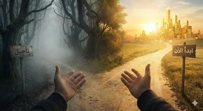 طريق النجاح المشرق بالبدء الآن مقابل طريق الظلام بالتأجيل.