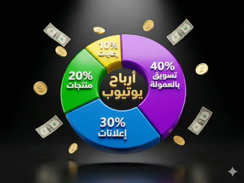 رسم بياني يوضح الأرباح المتوقعة من إنشاء قناة يوتيوب بالذكاء الاصطناعي ومصادر الدخل.