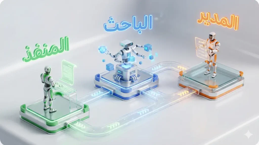 رسم توضيحي ثلاثي الأبعاد لفريق من وكلاء الذكاء الاصطناعي (المدير، الباحث، المنفذ) يعملون بتسلسل من اليمين لليسار.