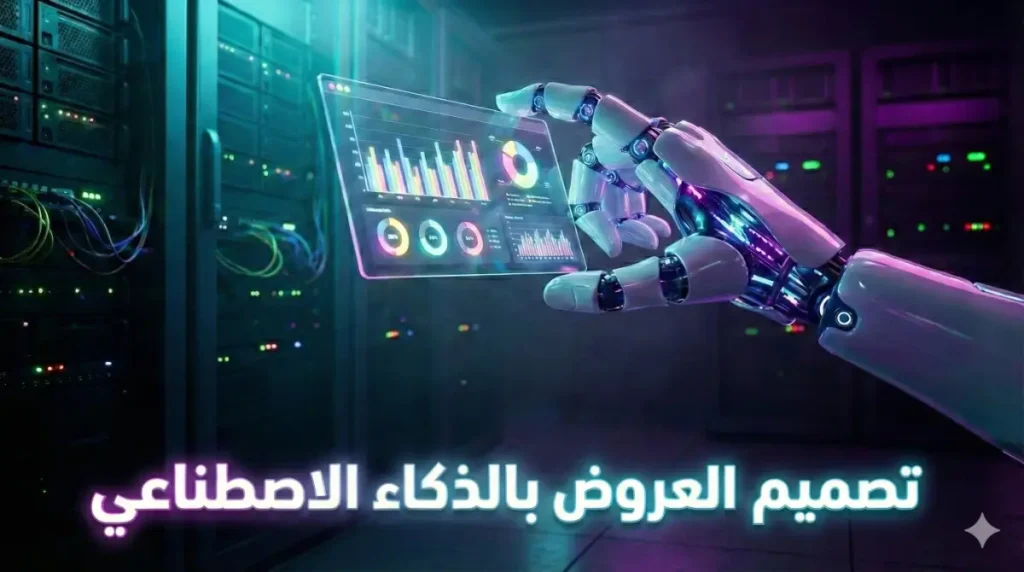 روبوت ذكي يقوم بعملية تصميم بوربوينت بالذكاء الاصطناعي مع شريحة هولوغرامية تعرض بيانات للمستقبل.