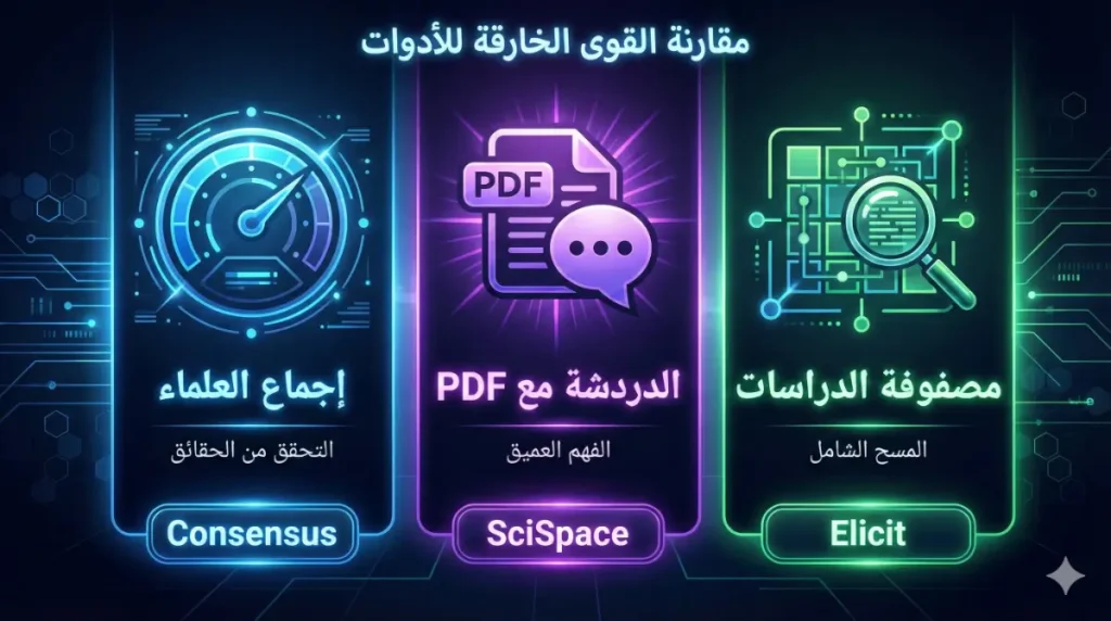 إنفوجرافيك بصري يقارن الميزات الرئيسية الفريدة لأدوات Consensus و SciSpace و Elicit.