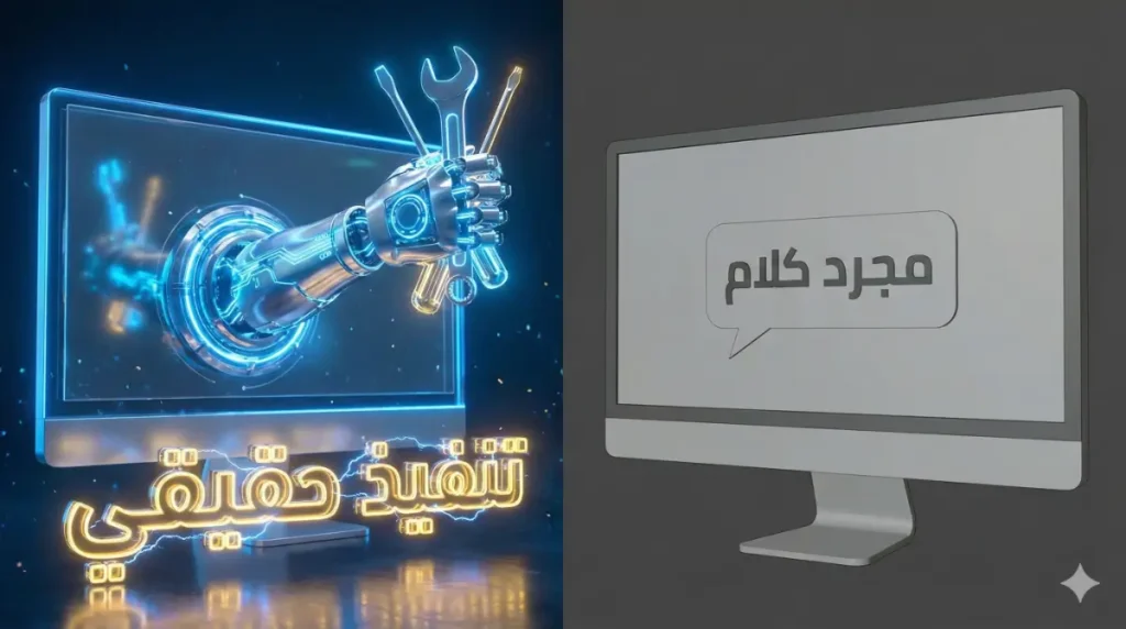 مقارنة بصرية: الشات بوت مجرد فقاعة نصية، بينما الوكيل الذكي يمتلك أذرعاً وينفذ مهاماً حقيقية.