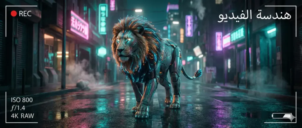 لقطة سينمائية عريضة لأسد سيبراني في طوكيو ليلاً، مع واجهة كاميرا احترافية تظهر إعدادات العدسة والإضاءة، وعليها نص "هندسة الفيديو".