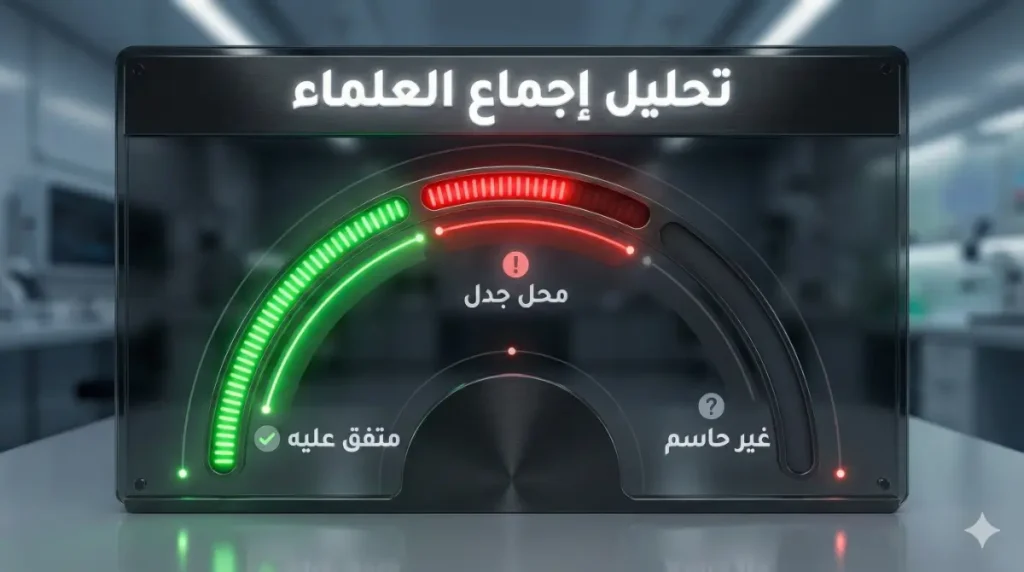 إنفوجرافيك يوضح ميزة مقياس الإجماع في أداة Consensus وكيفية تصنيف اتفاق العلماء حول مسألة بحثية.