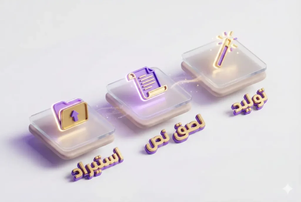 إنفوجرافيك يوضح ثلاث طرق لإنشاء العروض: التوليد بالذكاء الاصطناعي، لصق النصوص، واستيراد الملفات.