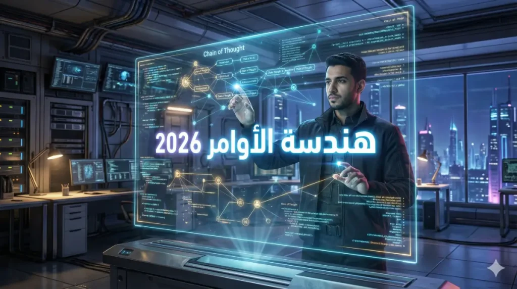 مهندس أوامر محترف يعمل على واجهة هولوغرافية ذكية باللغة العربية لتحليل بيانات DeepSeek R1 في بيئة عمل مستقبلية.