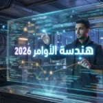 مهندس أوامر محترف يعمل على واجهة هولوغرافية ذكية باللغة العربية لتحليل بيانات DeepSeek R1 في بيئة عمل مستقبلية.